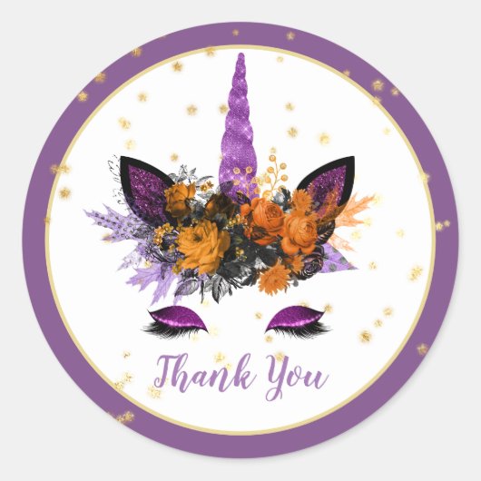 ハロウィンユニコーン顔ガールズバースデーパーティパープル ラウンドシール (正面)