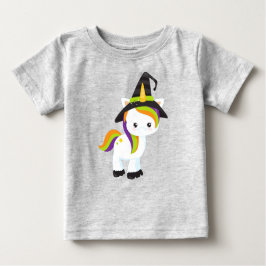 ハロウィンユニコーン，かわいいユニコーン，ウィッチハット，星 ベビーTシャツ