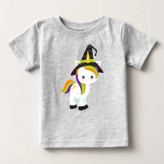 ハロウィンユニコーン,かわいいユニコーン,ウィッチハット,星 ベビーTシャツ (正面)
