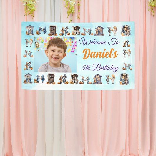 ハロウィンライトブルーの子供の誕生日テーマ 横断幕