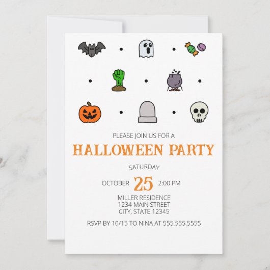 ハロウィンラインアイコンハローウィンパーティ招待状 招待状 (正面)