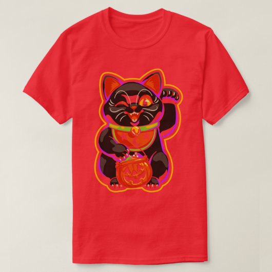 ハロウィンラッキーブラックキャット招き猫 Tシャツ (デザイン正面)