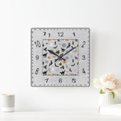 ハロウィンランダムアイコンパターングレーテクスチャ スクエア壁時計 (ホーム)