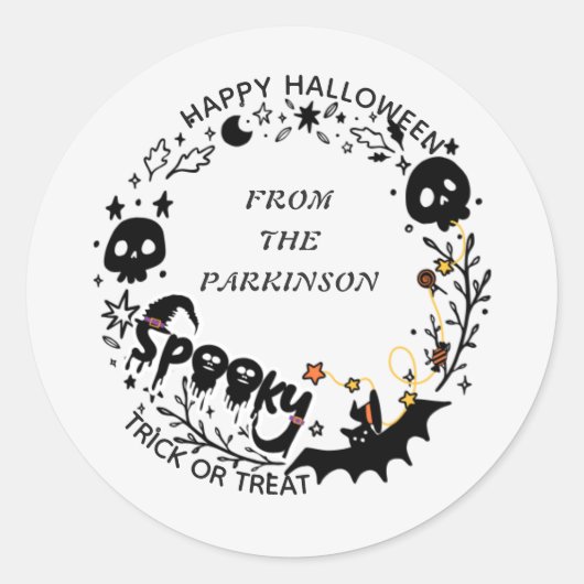 ハロウィンリースの丸ステッカー – Happy Halloween Desi ラウンドシール (正面)