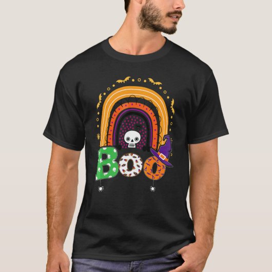 ハロウィンレインボー クモと魔女の帽子でブー Tシャツ (正面)