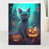 ハロウィンロシアのブルー猫カボチャ怖い カード (正面)