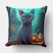 ハロウィンロシアのブルー猫カボチャ怖い クッション (正面)