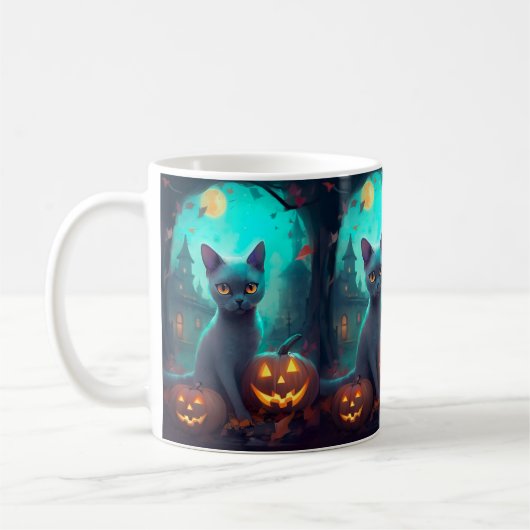 ハロウィンロシアのブルー猫カボチャ怖い コーヒーマグカップ (左)