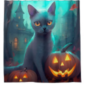 ハロウィンロシアのブルー猫カボチャ怖い シャワーカーテン (正面)