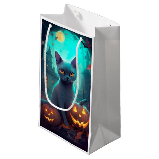 ハロウィンロシアのブルー猫カボチャ怖い スモールペーパーバッグ (正面アングル)