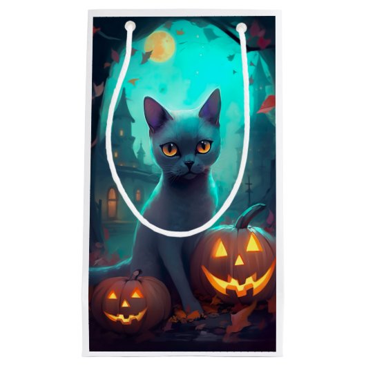 ハロウィンロシアのブルー猫カボチャ怖い スモールペーパーバッグ (正面)