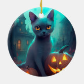 ハロウィンロシアのブルー猫カボチャ怖い セラミックオーナメント (裏面)