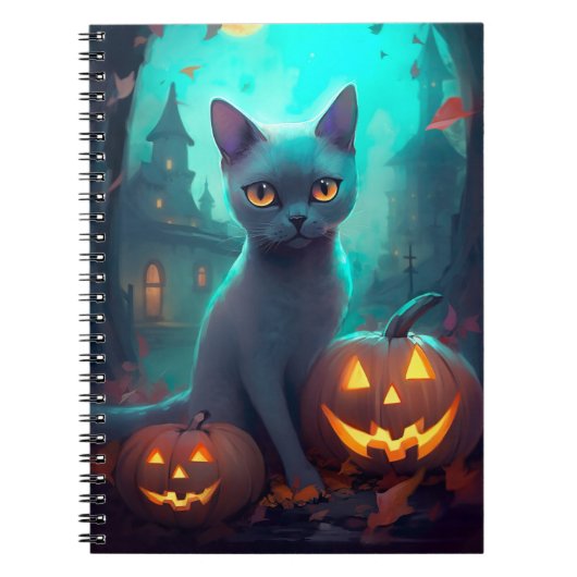 ハロウィンロシアのブルー猫カボチャ怖い ノートブック (正面)