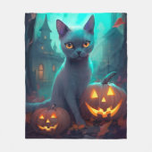 ハロウィンロシアのブルー猫カボチャ怖い フリースブランケット (正面)