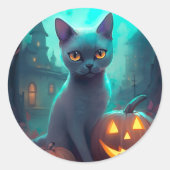 ハロウィンロシアのブルー猫カボチャ怖い ラウンドシール (正面)