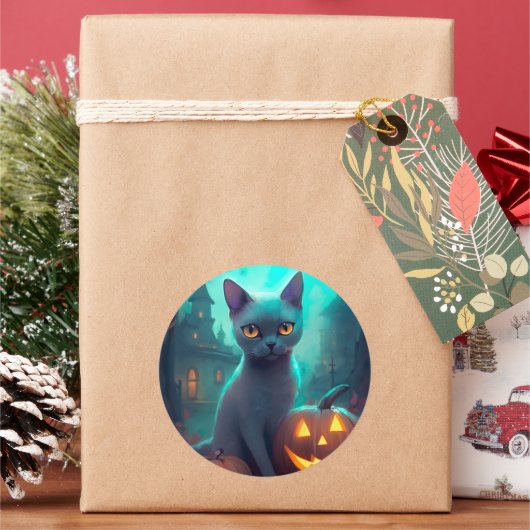 ハロウィンロシアのブルー猫カボチャ怖い ラウンドシール (クリスマス)