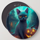 ハロウィンロシアのブルー猫カボチャ怖い 缶バッジ (正面&裏面)