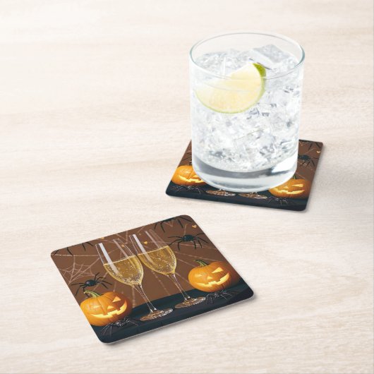 ハロウィンワインシャンパンスパイダズカボンプキン スクエアペーパーコースター (インサイチュ)