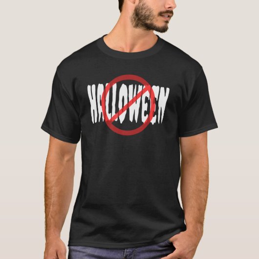 ハロウィン不可 赤い円で消し線 白抜き文字 Tシャツ (正面)