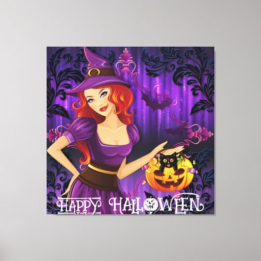 ハロウィン不気味かわいいお洒落魔女パープル キャンバスプリント (正面)
