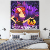 ハロウィン不気味かわいいお洒落魔女パープル キャンバスプリント (インサイチュ (寝室))