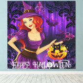 ハロウィン不気味かわいいお洒落魔女パープル キャンバスプリント (インサイチュ (ウッドフロア))