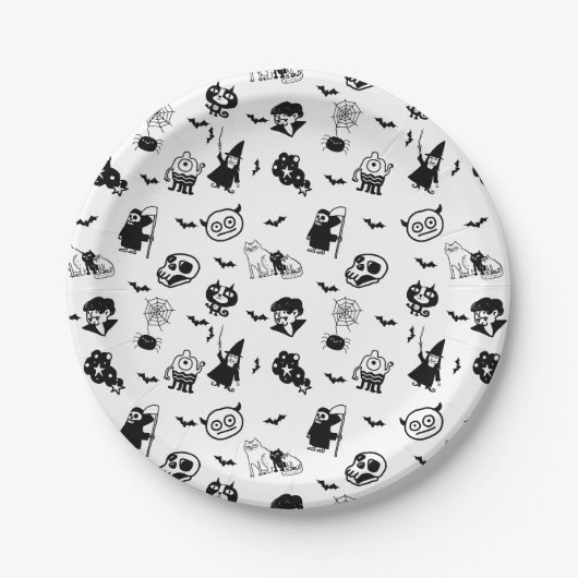 ハロウィン不気味かわいいパターンホリデーホラーブラック ペーパープレート (正面)