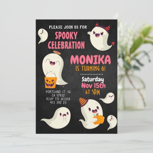 ハロウィン不気味かわいい幽霊ガール誕生日 招待状 (スタンド正面)