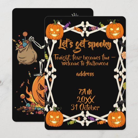 ハロウィン不気味のための骨と骨格 招待状 (正面/裏面)
