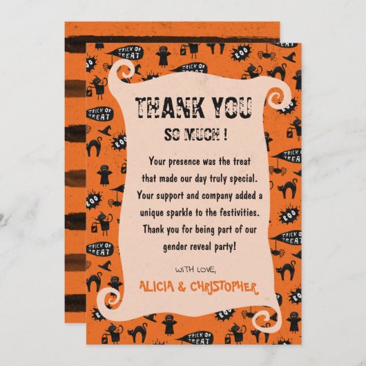 ハロウィン不気味のジェンダーの暴露をトリックと治療する サンキューカード (正面/裏面)