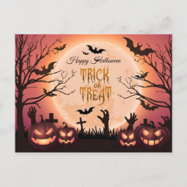 ハロウィン不気味のトリックまたはトリートサンセットデザイン シーズンポストカード