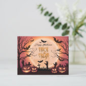 ハロウィン不気味のトリックまたはトリートサンセットデザイン シーズンポストカード (スタンド正面)