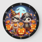 ハロウィン不気味の子猫とカボチャ ラージ壁時計 (正面)