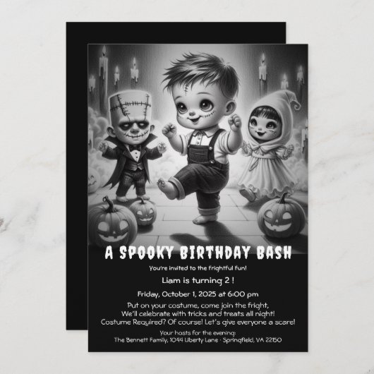 ハロウィン不気味の衣装の誕生日パーティーの招待状 招待状 (正面/裏面)