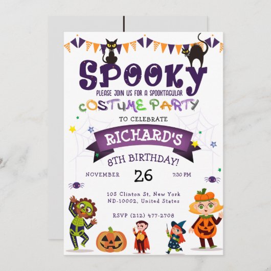 ハロウィン不気味の衣装子供の誕生日パーティー 招待状 (正面/裏面)