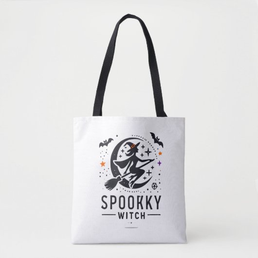 ハロウィン不気味ウィッチデザイン – オ飛んでいるン箒 トートバッグ (正面)