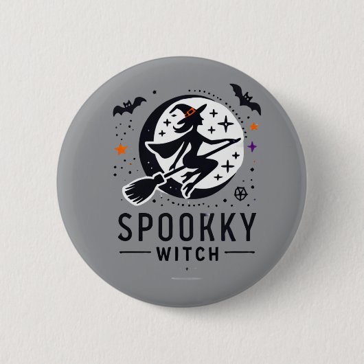 ハロウィン不気味ウィッチデザイン – オ飛んでいるン箒 缶バッジ (正面)