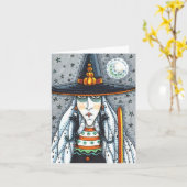 ハロウィン不気味ウィッチ黒猫ピアス空白の カード (黄色い花)