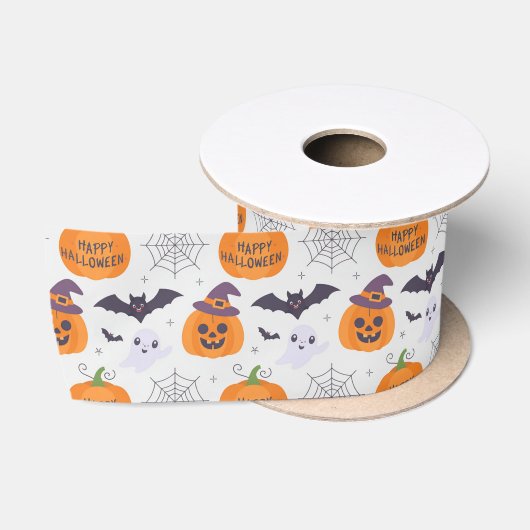 ハロウィン不気味カボチャこうもり幽霊パターン サテンリボン (リール)