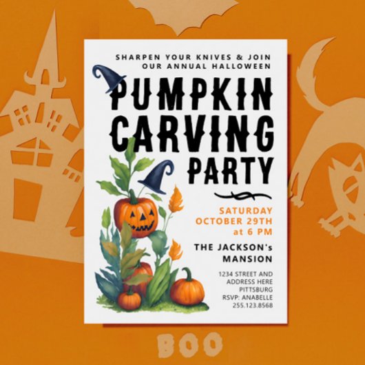 ハロウィン不気味カボチャ彫りパーティー水彩 招待状