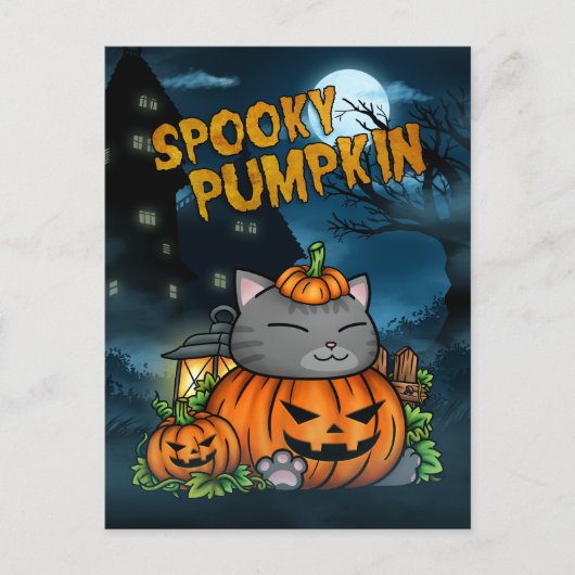 ハロウィン不気味カボチャ猫 シーズンポストカード (正面)