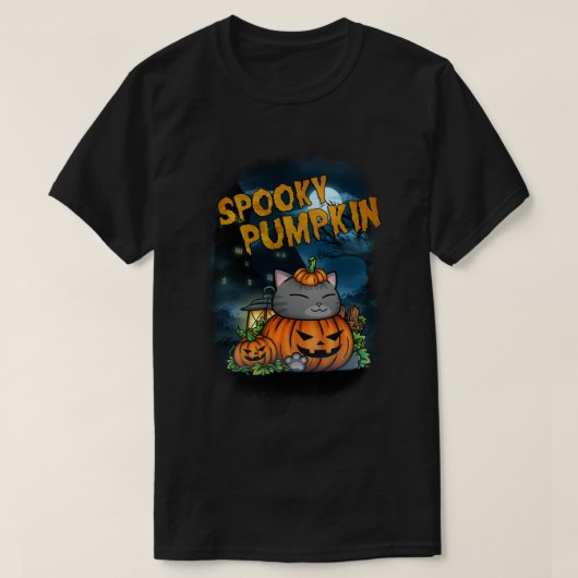 ハロウィン不気味カボチャ猫 Tシャツ (デザイン正面)