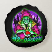 ハロウィン不気味グリーンウィッチ魔法ハットアップル ラウンドクッション (裏面)
