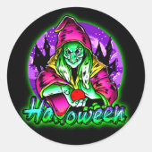 ハロウィン不気味グリーンウィッチ魔法ハットアップル ラウンドシール (正面)