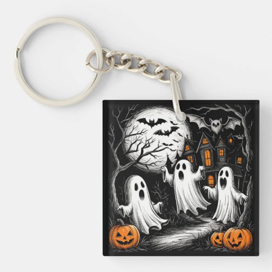 ハロウィン不気味シーンと幽霊 キーホルダー (正面)
