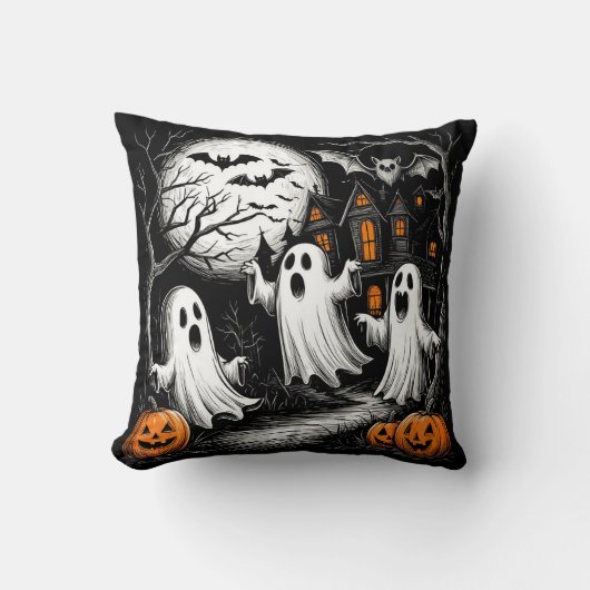 ハロウィン不気味シーンと幽霊 クッション (正面)
