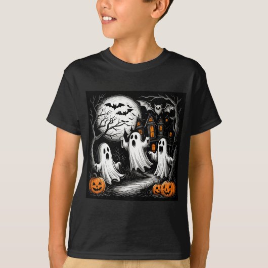 ハロウィン不気味シーンと幽霊 Tシャツ (正面)