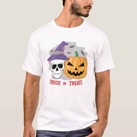 ハロウィン不気味スカルとカボチャ – トリックまたはトレア Tシャツ (正面)