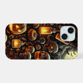 ハロウィン不気味スカル,こうもり，木，カボチャ iPhone 15ケース (裏面横)