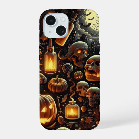 ハロウィン不気味スカル,こうもり，木，カボチャ iPhone 15ケース (裏面)